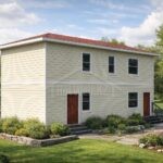 Проект дома «П-120ББ» из СИП-панелей, 120 м² — двухэтажный дом со светлым сайдингом, красной крышей и крыльцом | HotWell.KZ
