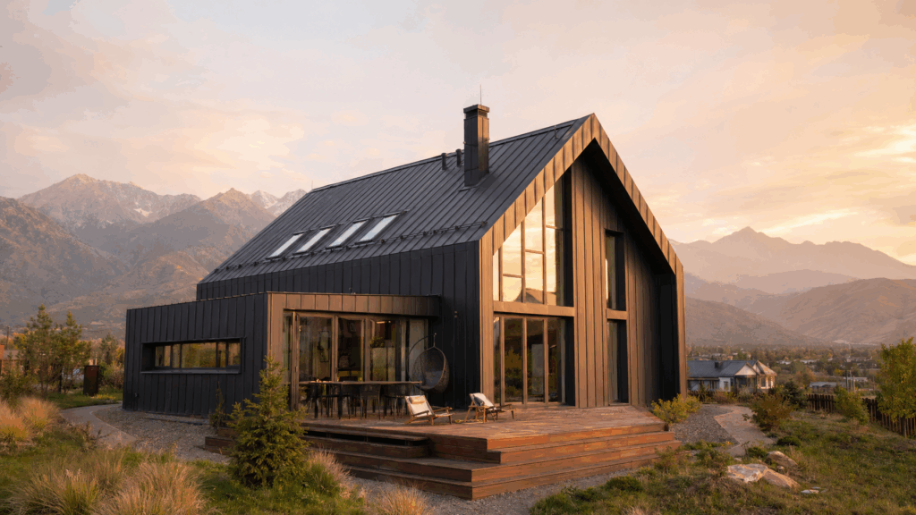 Барнхаус из СИП панелей в Казахстане — современный дом с тёмным фасадом и панорамными окнами