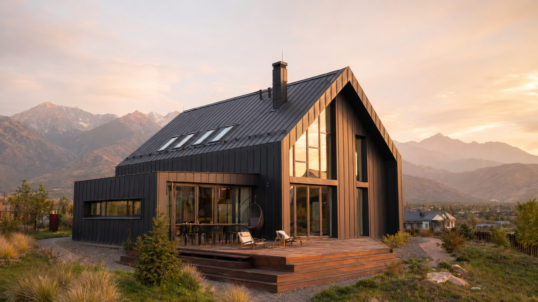 Барнхаус из СИП панелей в Казахстане — современный дом с тёмным фасадом и панорамными окнами