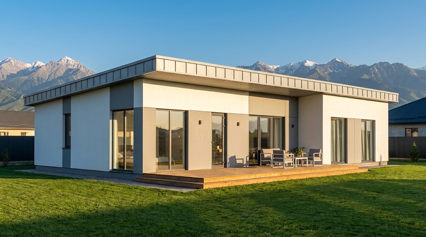 Современный модульный дом в Казахстане — белый фасад, большие окна, горы на заднем плане