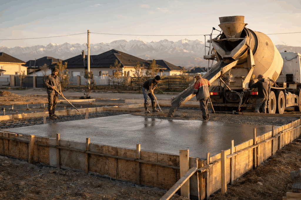 Заливка бетонного фундамента для дома из СИП панелей в Казахстане