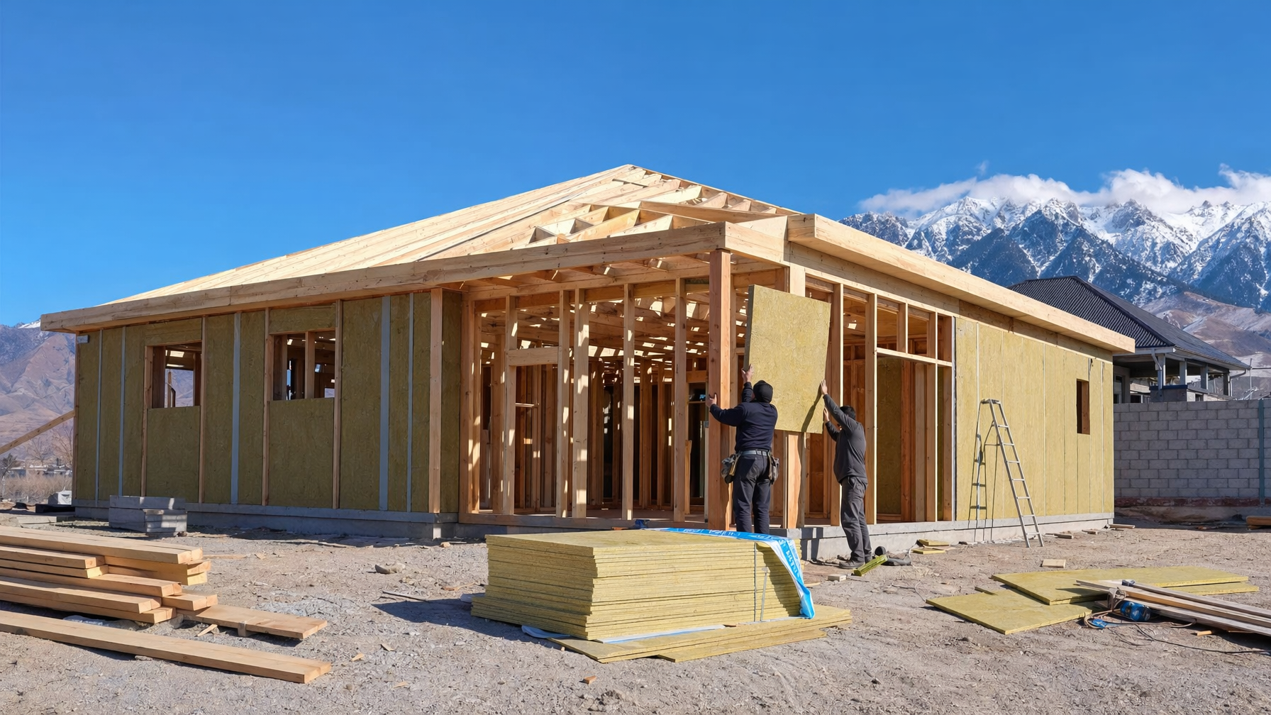 Строительство каркасного дома в Казахстане — деревянный каркас на фоне гор Алматы