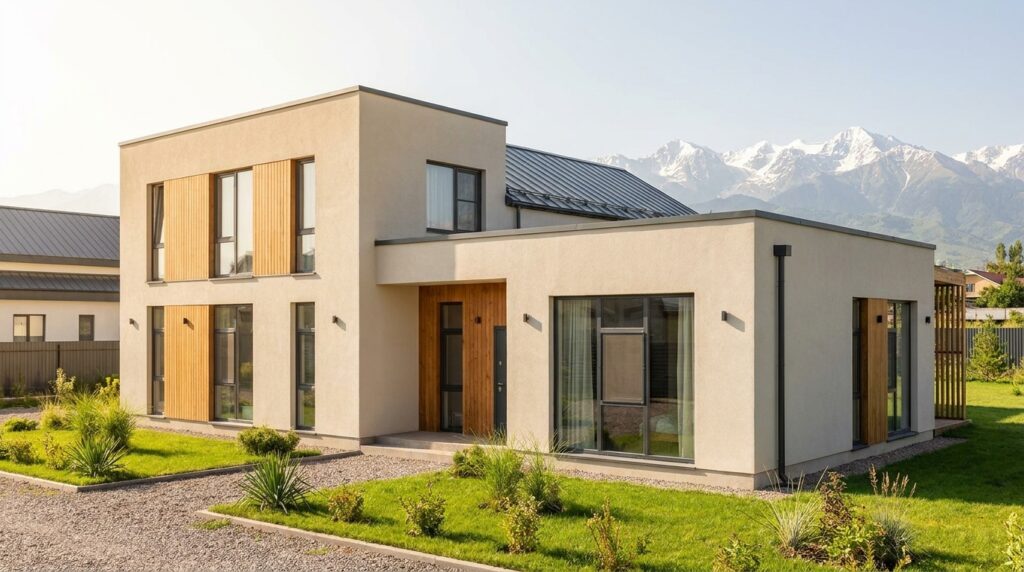 Современный дом из СИП панелей в Алматы на фоне гор