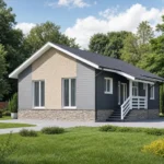 Проект одноэтажного дома А-100П из СИП-панелей, 100 м² — серый сайдинг со светлым кирпичом, тёмная крыша, крыльцо с навесом и перилами | HotWell.KZ