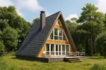 Проект бани «Б-90Б» из СИП-панелей, 90 м² — двухэтажная баня с деревянным фасадом, черной крышей и террасой | HotWell.KZ