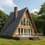 Проект бани «Б-90Б» из СИП-панелей, 90 м² — двухэтажная баня с деревянным фасадом, черной крышей и террасой | HotWell.KZ