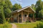 Проект бани «Х-60» из СИП-панелей, 60 м² — одноэтажная баня с бежевым фасадом, коричневой крышей и террасой | HotWell.KZ