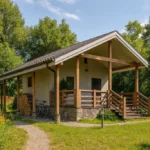 Проект бани «Х-60» из СИП-панелей, 60 м² — одноэтажная баня с бежевым фасадом, коричневой крышей и террасой | HotWell.KZ
