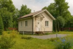 Проект бани «Л-45» из СИП-панелей, 45 м² — одноэтажная баня с бежевым фасадом, коричневой крышей и крыльцом | HotWell.KZ