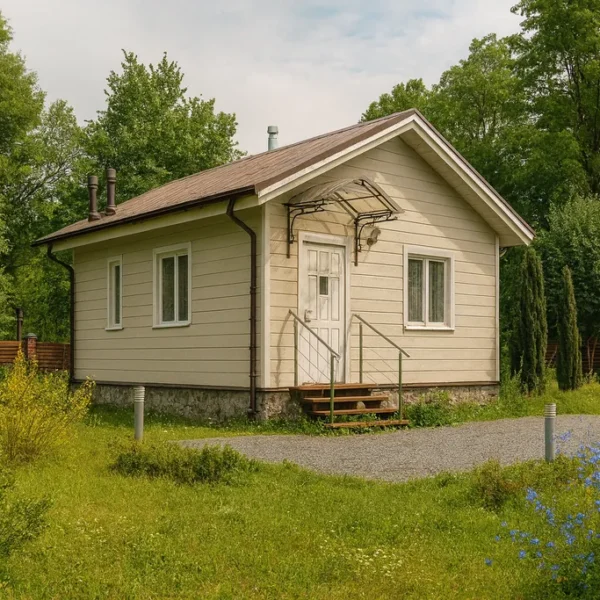 Проект бани «Л-45» из СИП-панелей, 45 м² — одноэтажная баня с бежевым фасадом, коричневой крышей и крыльцом | HotWell.KZ