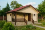 Проект бани «Л-72» из СИП-панелей, 72 м² — одноэтажная баня с бежевым фасадом, коричневой крышей и крытым крыльцом | HotWell.KZ