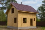 Баня «М-87», 87 м², 1,5 этажа, в черновой отделке: коробка из СИП-панелей OSB-3, двускатная кровля из металлочерепицы, проёмы без окон и дверей, в проёмах видны сосновые балки перекрытия