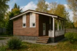 Проект бани «Н-59» из СИП-панелей, 59 м² — одноэтажная баня с кирпичным фасадом, коричневой крышей и террасой | HotWell.KZ