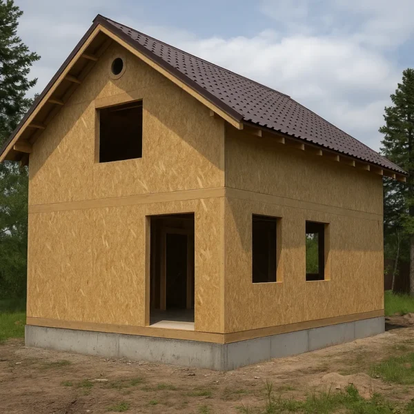 Баня «Н-90», 90 м², 1,5 этажа, в черновой отделке: коробка из СИП-панелей OSB-3, вальмовая кровля из металлочерепицы, проёмы без окон и дверей, в проёмах видны сосновые балки перекрытия