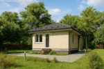 Проект бани «О-39» из СИП-панелей, 39 м² — одноэтажная баня с бежевым фасадом и серой крышей | HotWell.KZ