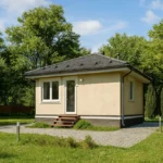 Проект бани «О-39» из СИП-панелей, 39 м² — одноэтажная баня с бежевым фасадом и серой крышей | HotWell.KZ