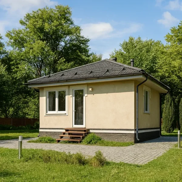 Проект бани «О-39» из СИП-панелей, 39 м² — одноэтажная баня с бежевым фасадом и серой крышей | HotWell.KZ