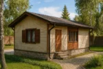 Проект бани «О-50» из СИП-панелей, 50 м² — одноэтажная баня с бежевым фасадом и коричневой крышей | HotWell.KZ