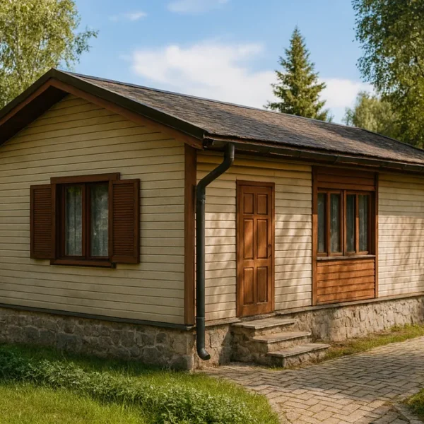 Проект бани «О-50» из СИП-панелей, 50 м² — одноэтажная баня с бежевым фасадом и коричневой крышей | HotWell.KZ