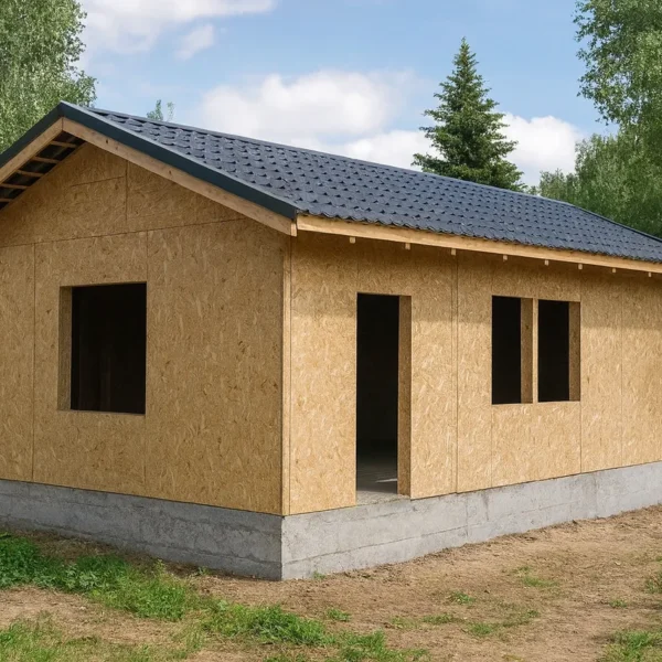 Баня «О-50», 50 м², 1 этаж, в черновой отделке: коробка из СИП-панелей OSB-3, двускатная кровля из металлочерепицы, проёмы без окон и дверей