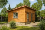 Проект бани «О-53» из СИП-панелей, 53 м² — одноэтажная баня с деревянным фасадом и односкатной крышей | HotWell.KZ