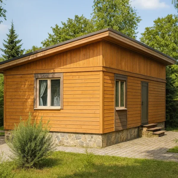 Проект бани «О-53» из СИП-панелей, 53 м² — одноэтажная баня с деревянным фасадом и односкатной крышей | HotWell.KZ