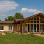 Проект бани «Р-190Б» из СИП-панелей, 190 м² — одноэтажная баня с бежевым фасадом, коричневой крышей и панорамными окнами | HotWell.KZ