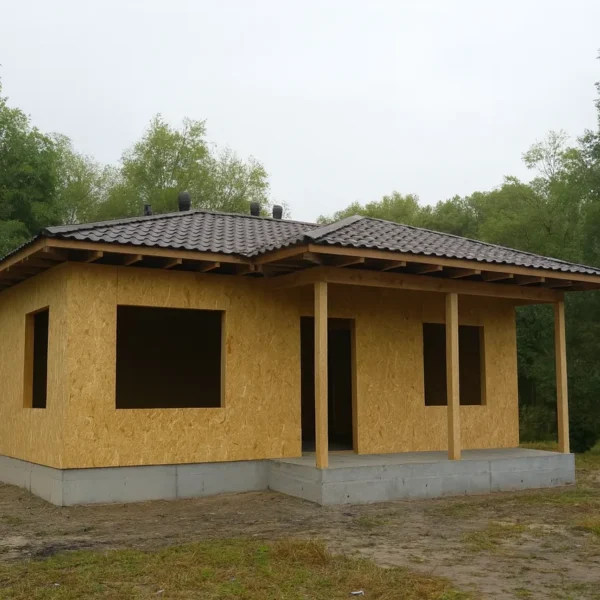 Баня «С-60», 60 м², 1 этаж, в черновой отделке: коробка из СИП-панелей OSB-3, вальмовая кровля из металлочерепицы, проёмы без окон и дверей