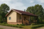 Проект бани «С-63Б» из СИП-панелей, 63 м² — одноэтажная баня с бежевым фасадом, коричневой крышей и крытым крыльцом | HotWell.KZ