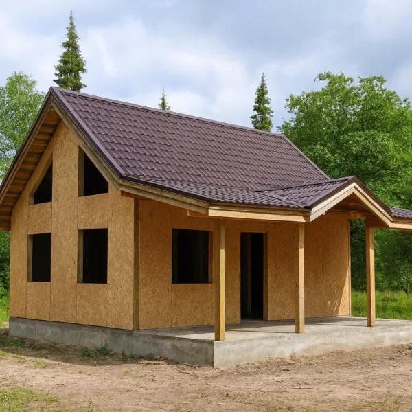 Баня «В-118», 118 м², 1,5 этажа, в черновой отделке: коробка из СИП-панелей OSB-3, двускатная кровля из металлочерепицы, проёмы без окон и дверей, в проёмах видны сосновые балки перекрытия