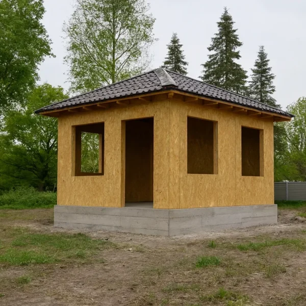 Беседка «А-21», 21 м², 1 этаж, в черновой отделке: конструкция из СИП-панелей OSB-3, вальмовая кровля из металлочерепицы, проёмы без окон и дверей
