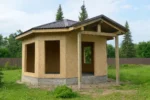 Беседка «К-38», 38 м², 1 этаж, в черновой отделке: конструкция из СИП-панелей OSB-3, вальмовая кровля из металлочерепицы, проёмы без окон и дверей
