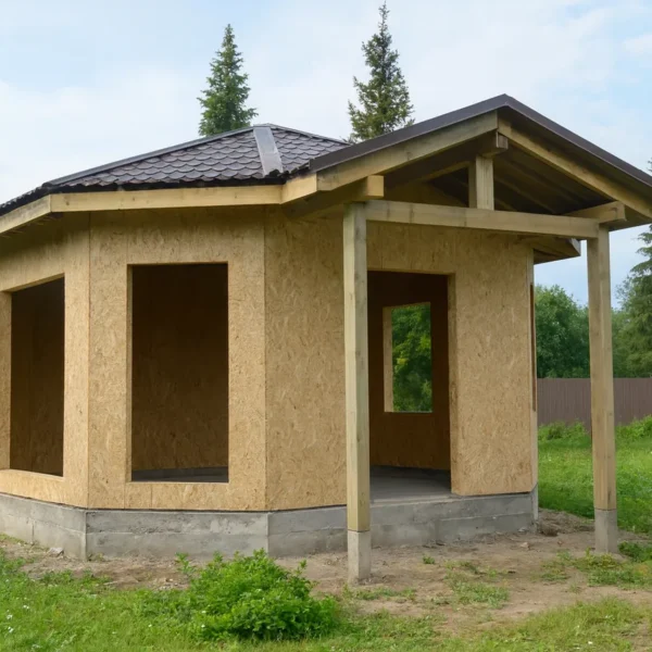 Беседка «К-38», 38 м², 1 этаж, в черновой отделке: конструкция из СИП-панелей OSB-3, вальмовая кровля из металлочерепицы, проёмы без окон и дверей