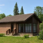 Проект беседки «Л-50Б» из СИП-панелей, 50 м² — одноэтажная беседка с кирпичным фасадом и панорамными окнами | HotWell.KZ