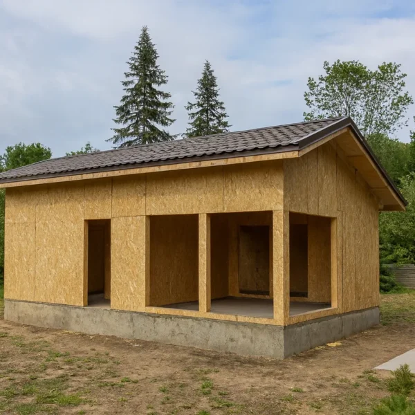 Беседка «Л-50Б», 50 м², 1 этаж, в черновой отделке: конструкция из СИП-панелей OSB-3, односкатная кровля из металлочерепицы, проёмы без окон и дверей