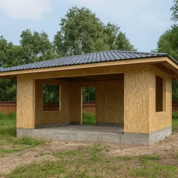 Беседка «Н-15», 15 м², 1 этаж, в черновой отделке: конструкция из СИП-панелей OSB-3, односкатная кровля из металлочерепицы, проёмы без окон и дверей