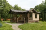 Проект беседки «П-39В» из СИП-панелей, 39 м² — одноэтажная беседка с террасой и коричневой крышей | HotWell.KZ