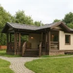 Проект беседки «П-39В» из СИП-панелей, 39 м² — одноэтажная беседка с террасой и коричневой крышей | HotWell.KZ