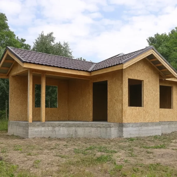 Беседка «П-39В», 39 м², 1 этаж, в черновой отделке: конструкция из СИП-панелей OSB-3, двускатная кровля из металлочерепицы, проёмы без окон и дверей