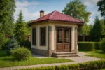 Проект беседки «Р-28» из СИП-панелей, 28 м² — одноэтажная беседка с бежевым фасадом и красной крышей | HotWell.KZ