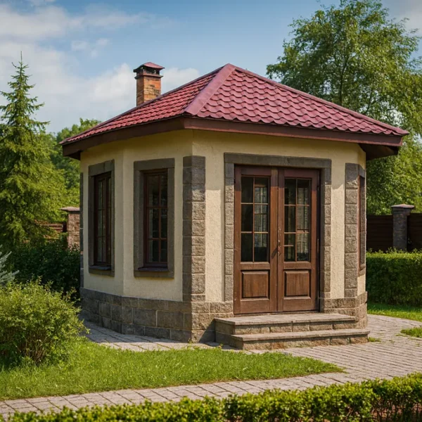 Проект беседки «Р-28» из СИП-панелей, 28 м² — одноэтажная беседка с бежевым фасадом и красной крышей | HotWell.KZ