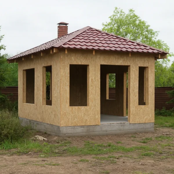 Беседка «Р-28», 28 м², 1 этаж, в черновой отделке: конструкция из СИП-панелей OSB-3, вальмовая кровля из металлочерепицы, проёмы без окон и дверей