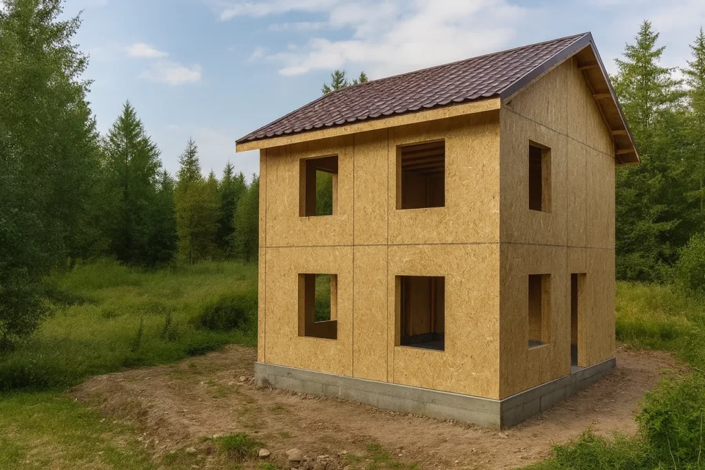 Дом «А-100», 100 м², 2 этажа, в черновой отделке: коробка из СИП-панелей OSB-3, двускатная кровля из металлочерепицы, проёмы без окон и дверей, в проёмах видны сосновые балки перекрытия
