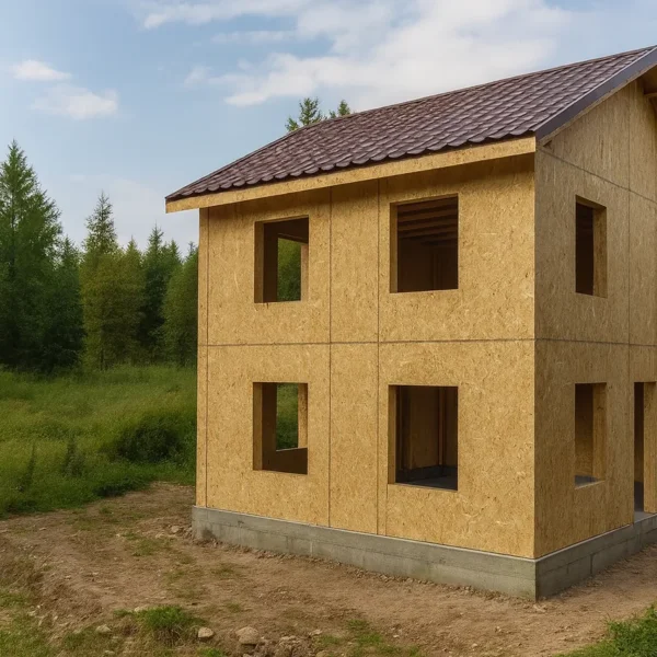 Дом «А-100», 100 м², 2 этажа, в черновой отделке: коробка из СИП-панелей OSB-3, двускатная кровля из металлочерепицы, проёмы без окон и дверей, в проёмах видны сосновые балки перекрытия