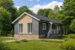 Проект дома «А-100П» из СИП-панелей, 100 м² — одноэтажный дом с серым фасадом, черной крышей и крытым крыльцом | HotWell.KZ