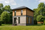 Проект дома «А-104» из СИП-панелей, 104 м² — двухэтажный дом с серым фасадом, черной крышей и крыльцом | HotWell.KZ
