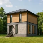 Проект дома «А-104» из СИП-панелей, 104 м² — двухэтажный дом с серым фасадом, черной крышей и крыльцом | HotWell.KZ
