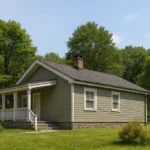 Проект дома «А-105» из СИП-панелей, 105 м² — одноэтажный дом с серым фасадом, темной крышей и крытым крыльцом | HotWell.KZ