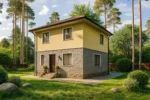 Проект дома «А-107» из СИП-панелей, 107 м² — двухэтажный дом с жёлтым фасадом, серым цоколем и коричневой крышей | HotWell.KZ