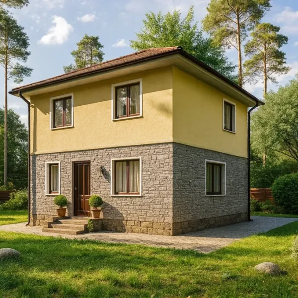 Проект дома «А-107» из СИП-панелей, 107 м² — двухэтажный дом с жёлтым фасадом, серым цоколем и коричневой крышей | HotWell.KZ